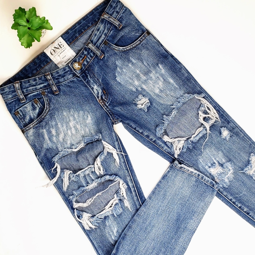 One Teaspoon Trashed Freebirds Distressed Low Rise Zipper Ankle Cropped Jeans 26
